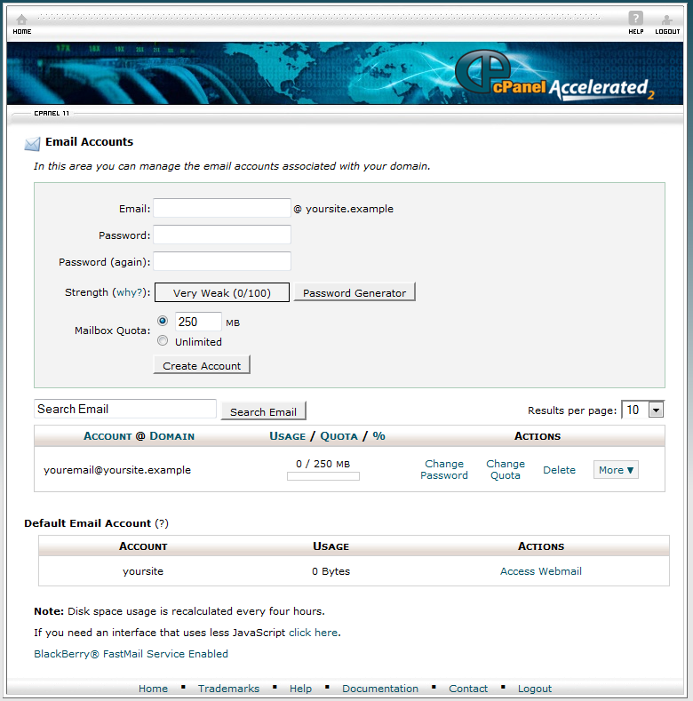 Email Accounts Interface